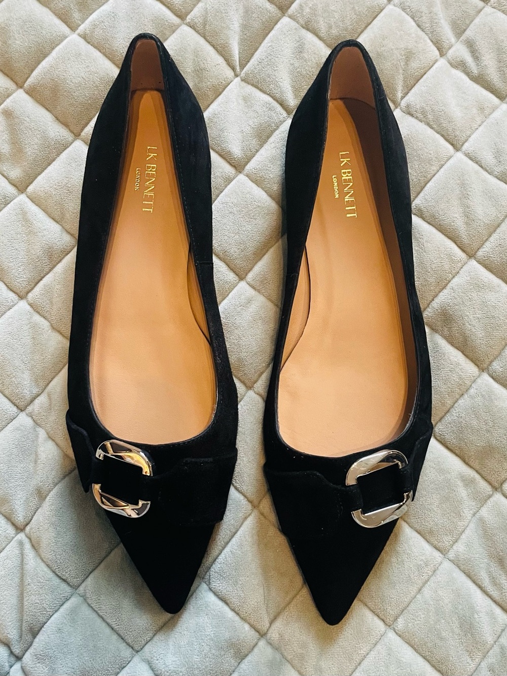 LK Bennett Black Pointed Suede Flats with Silver Buckle